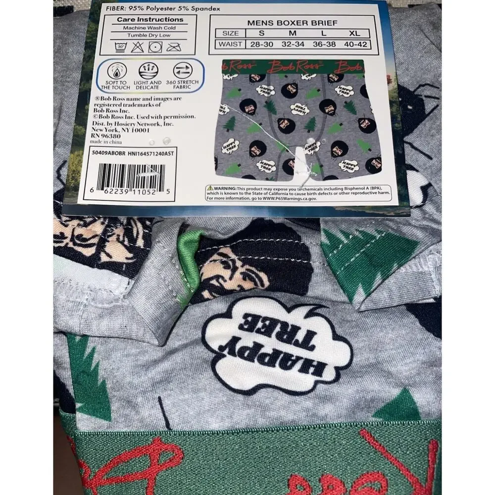 Bob Ross Men’s Graphic Print Boxer Briefs Elastic Band Waist Sz S 28-30 Happy
